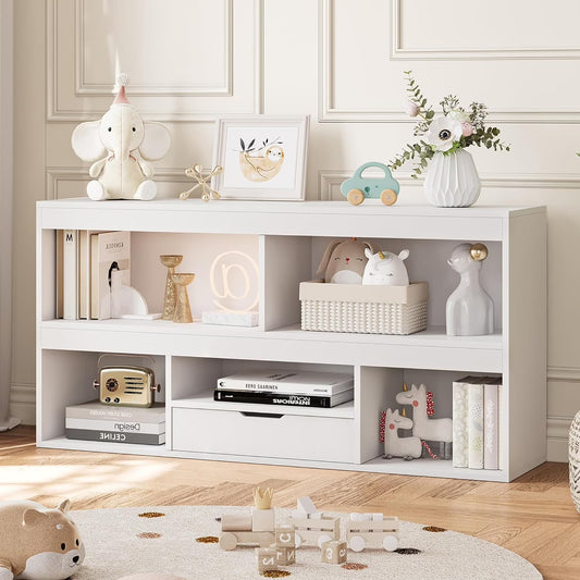 Kids Bookshelf with Drawer Nursery Bookcase Wooden Toy Storage Organizer Playhouse Storage Shelves White Book Shelf for Playroom, Classroom, Nursery, Kids Room