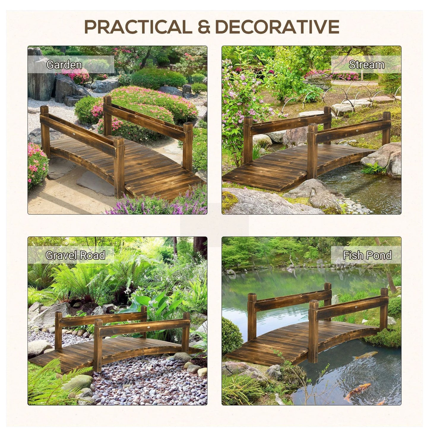 7.5' Wooden Garden Bridge with Planters, Stained Arc Footbridge for Backyard, Pond & Stream