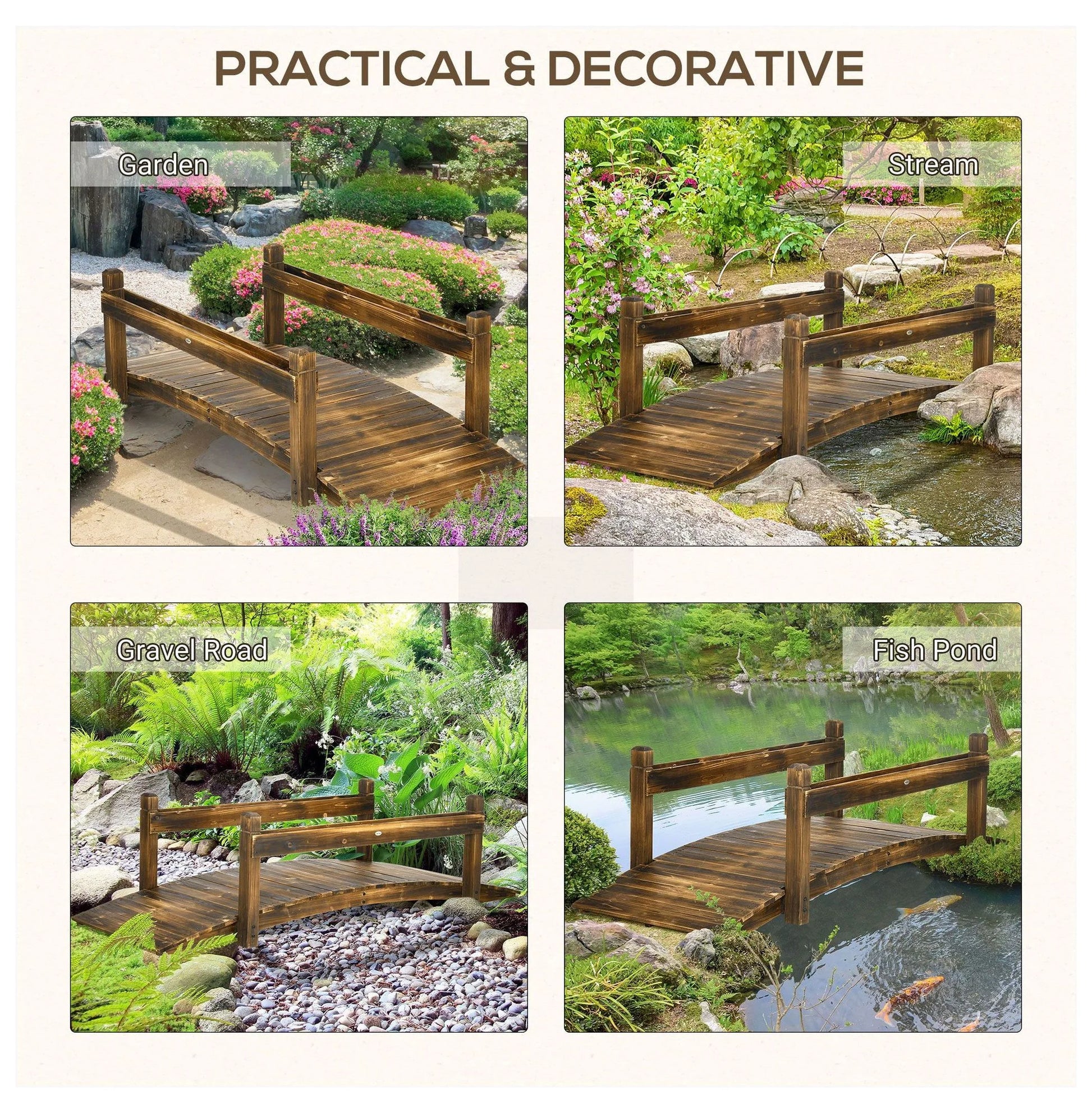 7.5' Wooden Garden Bridge with Planters, Stained Arc Footbridge for Backyard, Pond & Stream