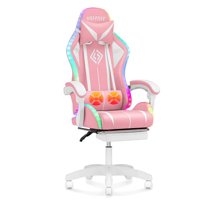Hoffree Gaming Chair with Massage PU Leather Office Chair with Footrest and LED Light Ergonomic Gamer Chair Lumbar Support Adjustable Headrest High Back Computer Desk Chair for Home Office