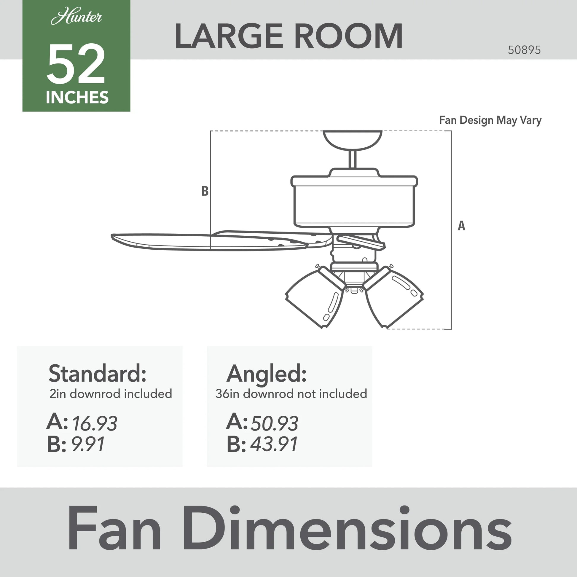 Hunter - Swanson Indoor Ceiling Fan With Light, 52-inch, Matte Silver, Casual-style, 3-speed WhisperWind Motor, 50894, for living rooms, bedrooms, home offices, kitchens