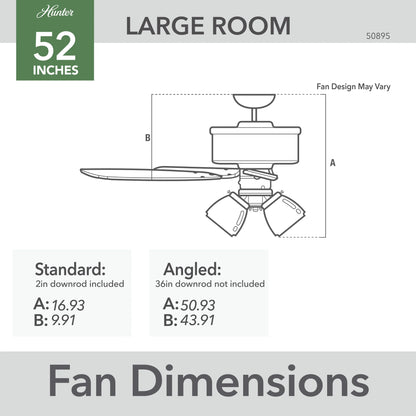 Hunter - Swanson Indoor Ceiling Fan With Light, 52-inch, Matte Silver, Casual-style, 3-speed WhisperWind Motor, 50894, for living rooms, bedrooms, home offices, kitchens