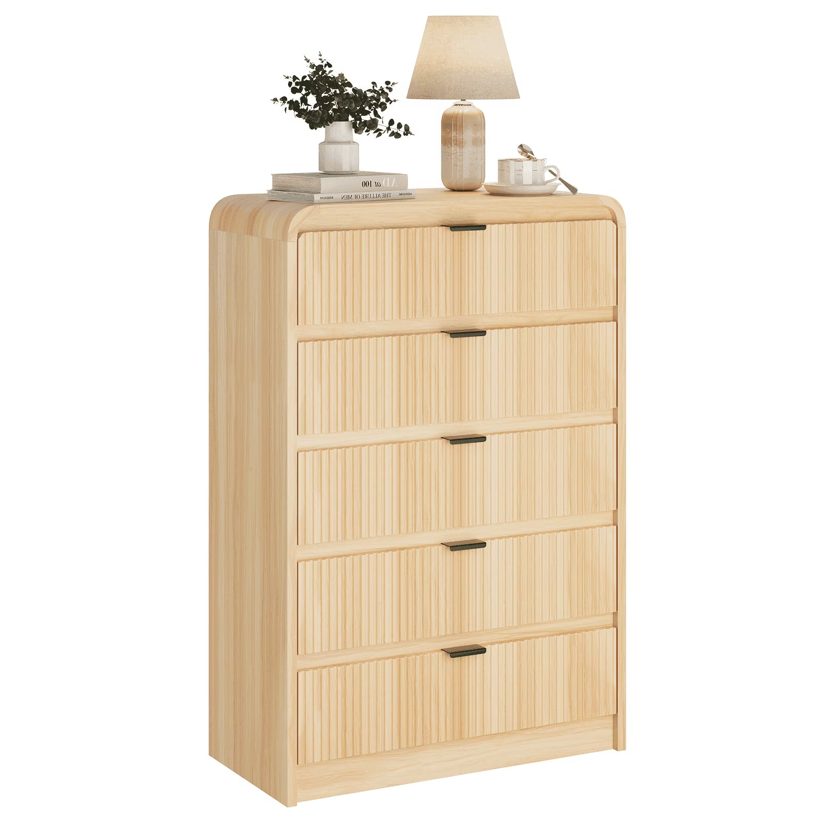SELOOYE Fluted 5 Drawers Dresser for Bedroom, 47" Tall Modern Dresser Chest of Drawers, Black Accents, Fluted Fronts, Wood Storage Dressers Organizer for Bedroom, Living Room, Natural