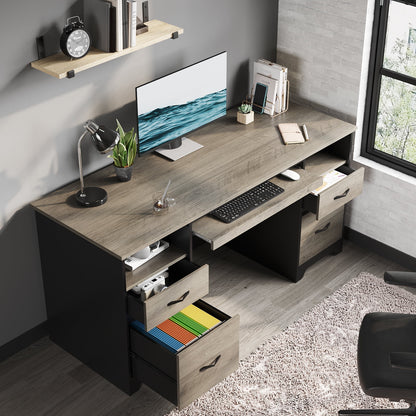Bestier 59° Computer Desk with 4 Drawers, Office Executive Desk with File Drawer, Keyboard Tray for Home Office, Gray
