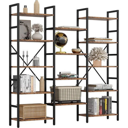 IRONCK Triple Wide 5 Tiers Industrial Bookcases and Bookshelves, Large Open Display Shelves with Metal Frame for Living Room Bedroom Home Office, Vintage Brown