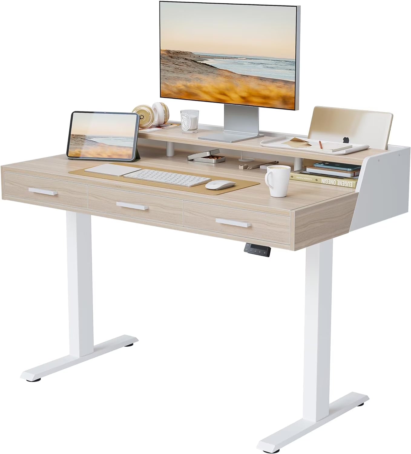 FEZIBO Electric Standing Desk with 3 Drawers & Monitor Shelves, 48 x 26 inches Sit Stand Home Office Desk, Rustic Brown