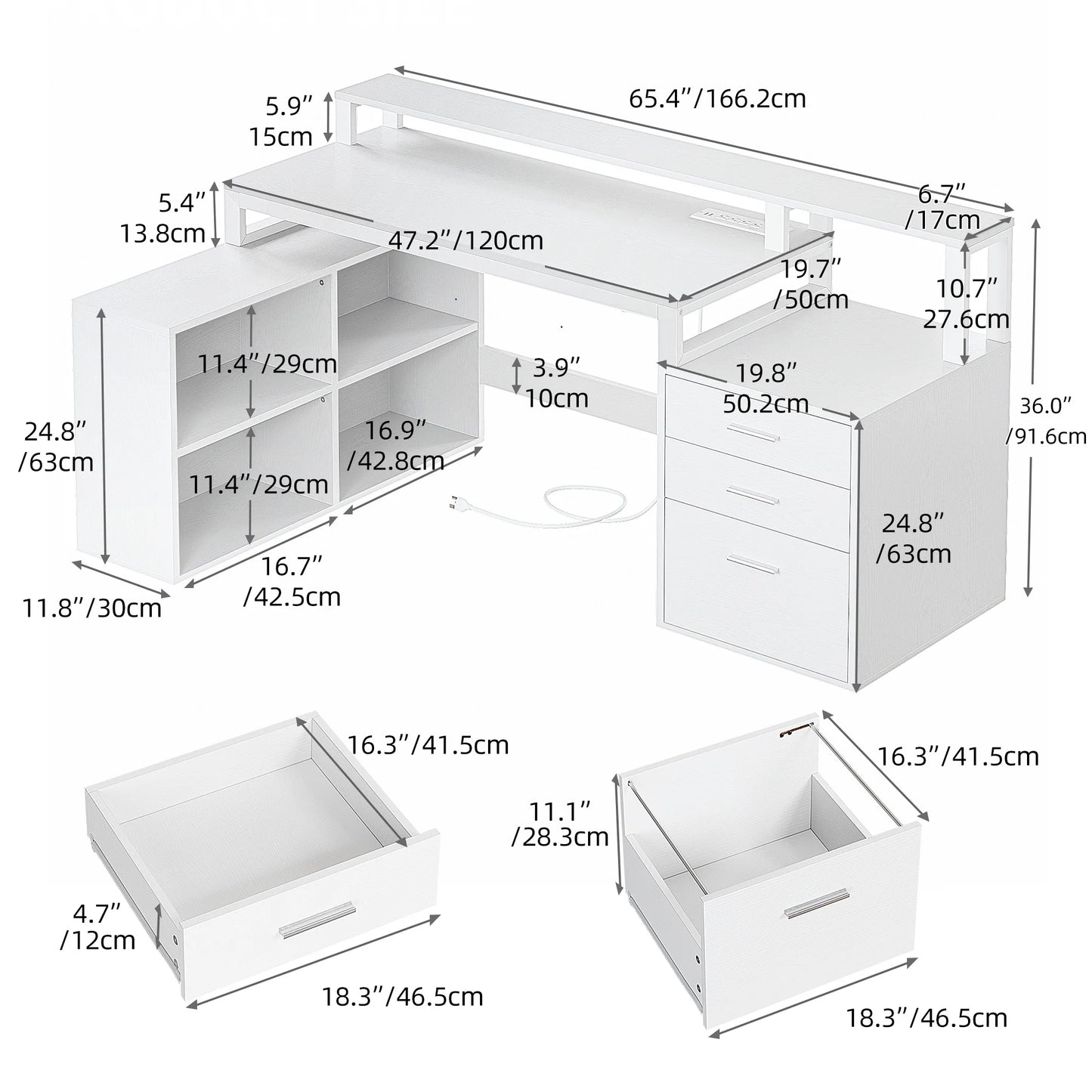Dextrus 65" L Shaped Desk with Power Outlets and Monitor Stand , Computer Desk with LED Light &File Cabinet, Corner Desk with 3 Drawers & 4 Open Storage Shelves, Modern Home Office Desk, White