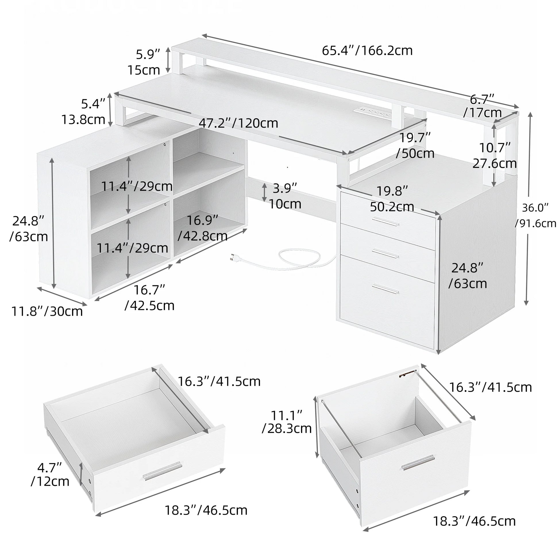 Dextrus 65" L Shaped Desk with Power Outlets and Monitor Stand , Computer Desk with LED Light &File Cabinet, Corner Desk with 3 Drawers & 4 Open Storage Shelves, Modern Home Office Desk, White