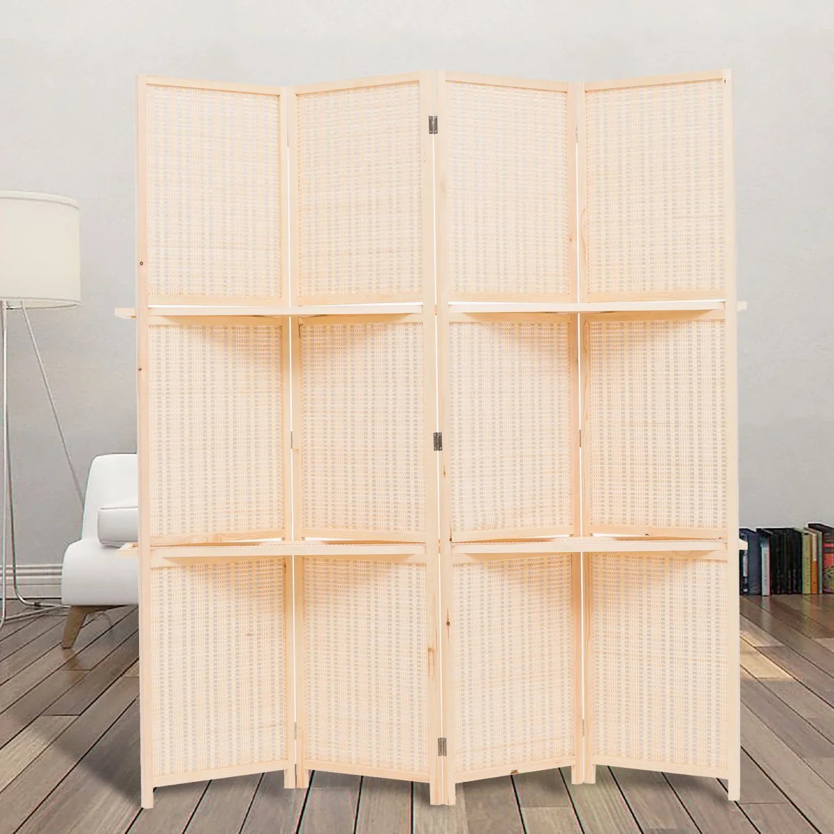 THY COLLECTIBLES Freestanding Wood Frame Woven Bamboo 4 Panels Hinged Privacy Panel Screen Partition Wall With 2 Display Shelves Holding Room Divider With Shelves-Bamboo (Brown)