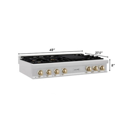 ZLINE Autograph Edition 48" Porcelain Rangetop with 7 Gas Burners in DuraSnow Stainless Steel and Champagne Bronze Accents (RTSZ-48-CB)