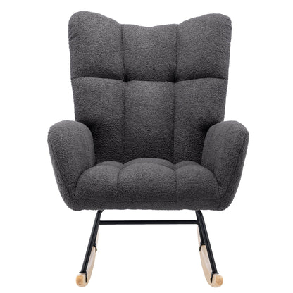 HONSIT Pink Nursery Rocking Chair, Teddy Fabric Upholstered Glider Rocker with High Backrest, Modern Rocking Accent Chairs Comfy Side Chair for Nursery, Bedroom, Living Room