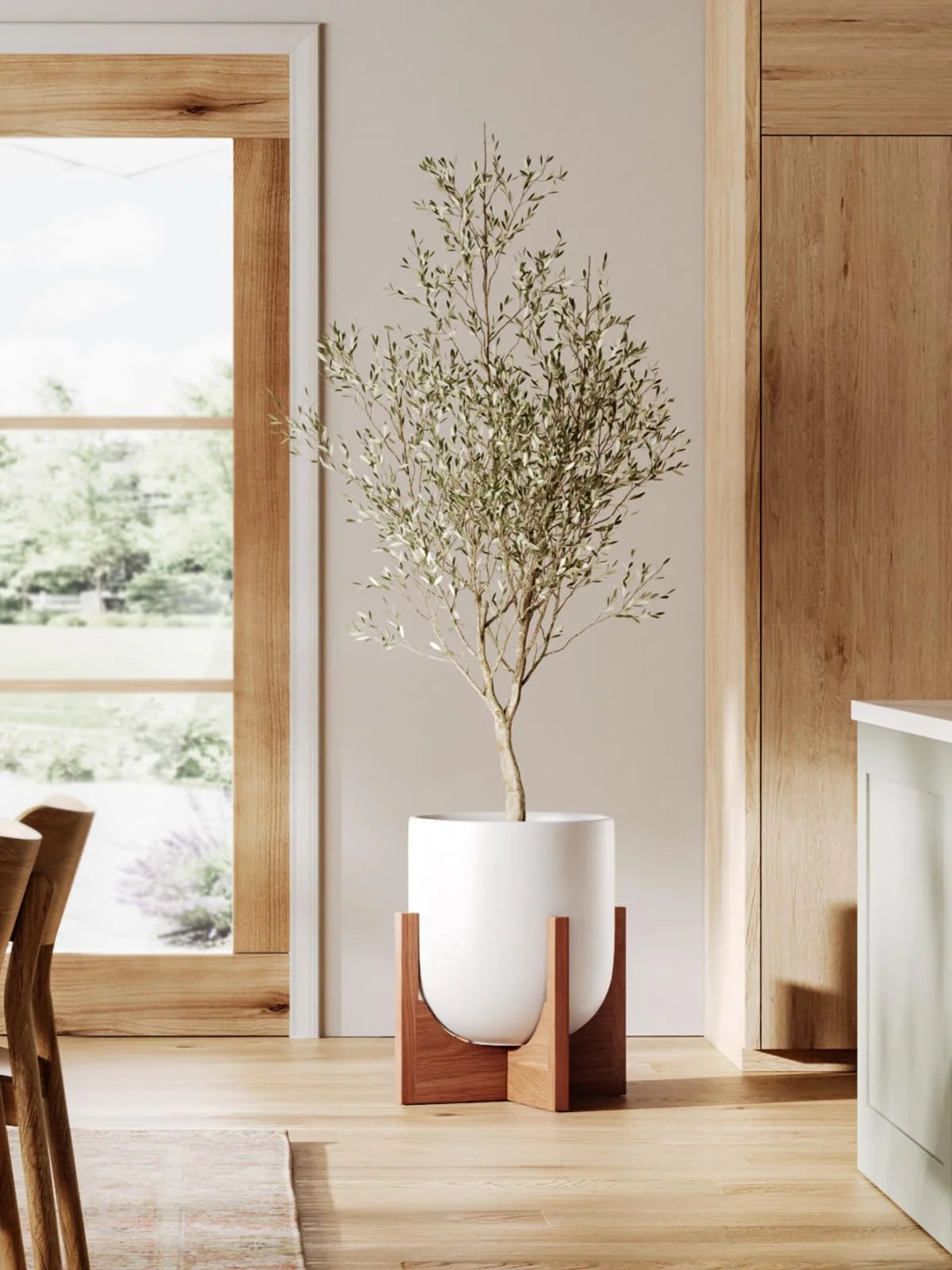 BEMAY 12" White Ceramic Planter with Wood Stand, Large Indoor Plant Pot and Flower Pot for Tall Plants and Houseplants, Mid Century Modern Decor