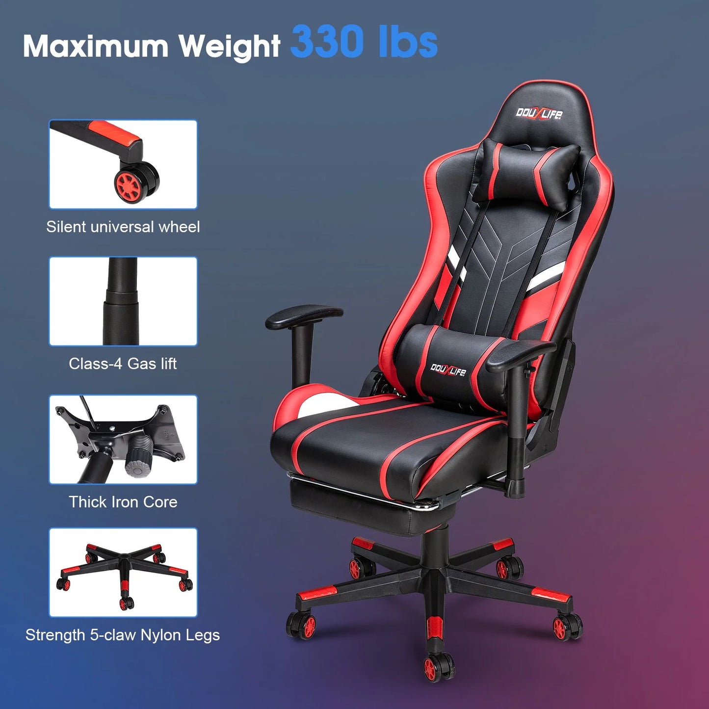 Douxlife 7-Point Massage Gaming Chair with Footrest, 175° Reclining, Ergonomic Racing High Back Home Office Computer Chair, Video Game Chair for Adults Kids