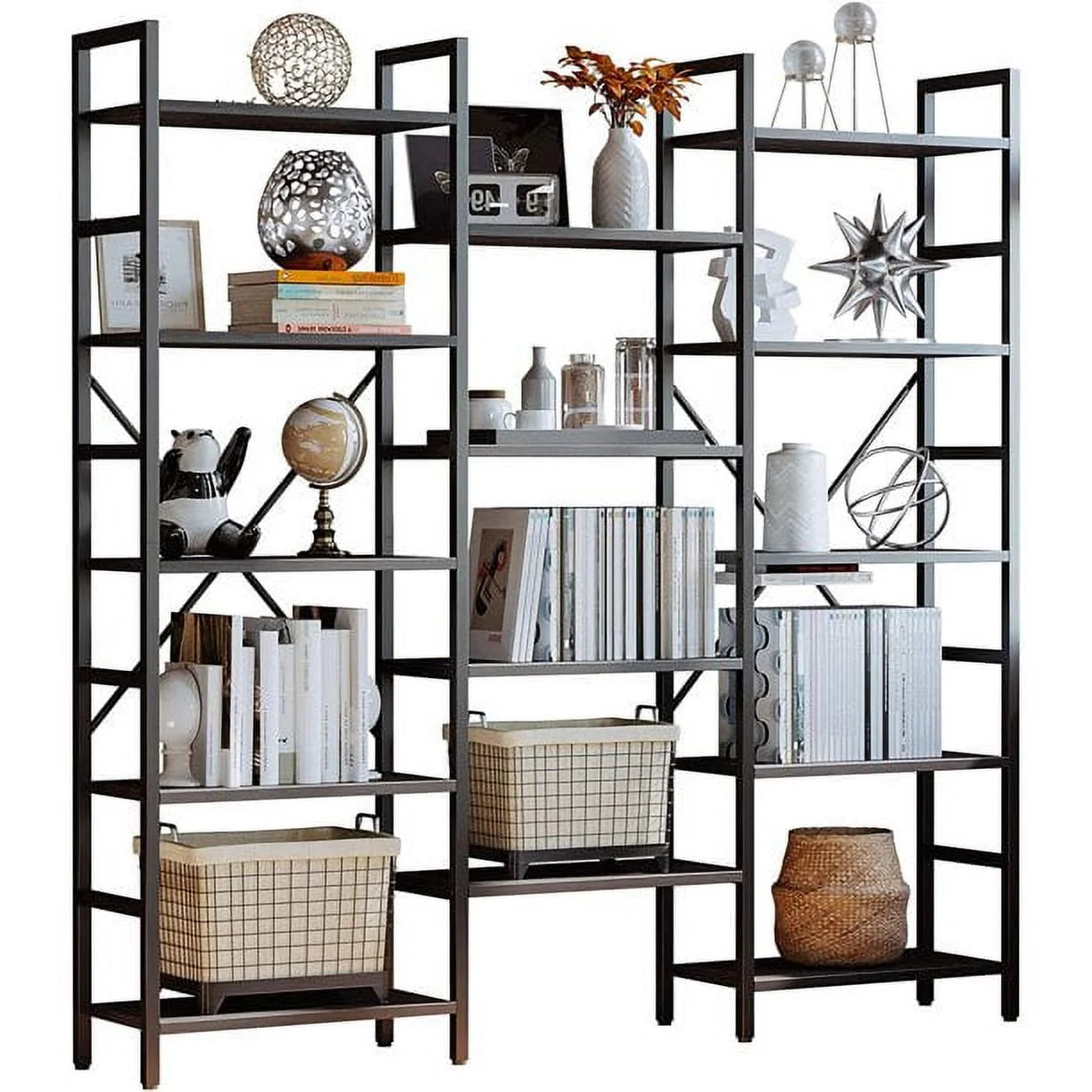 IRONCK Triple Wide 5 Tiers Industrial Bookcases and Bookshelves, Large Open Display Shelves with Metal Frame for Living Room Bedroom Home Office, Vintage Brown
