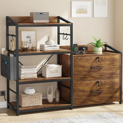47" File Cabinet with Power Strip&2 Drawers, Lateral Filing Cabinet with Lock& Open Shelf for Home Office, Rustic Brown