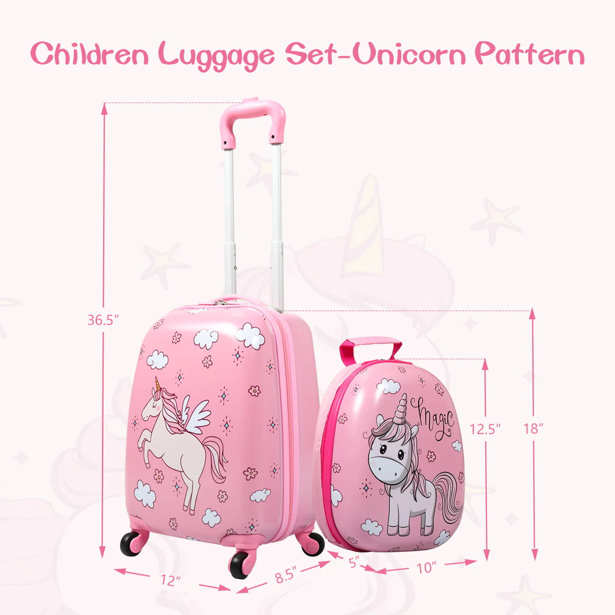 TOBBI 2 PC Kids Carry-on Luggage Set 12" Backpack & 16" Rolling Suitcase School Travel Trolley ABS Luggage for Girls