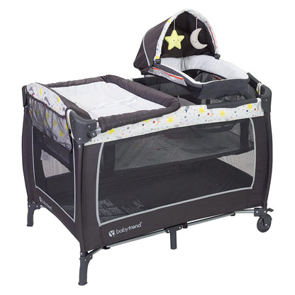 Baby Trend Lil Snooze Deluxe II Nursery Center Playard with Changer and Bassient. Twinkle Twinkle Little Moon. White/Gray