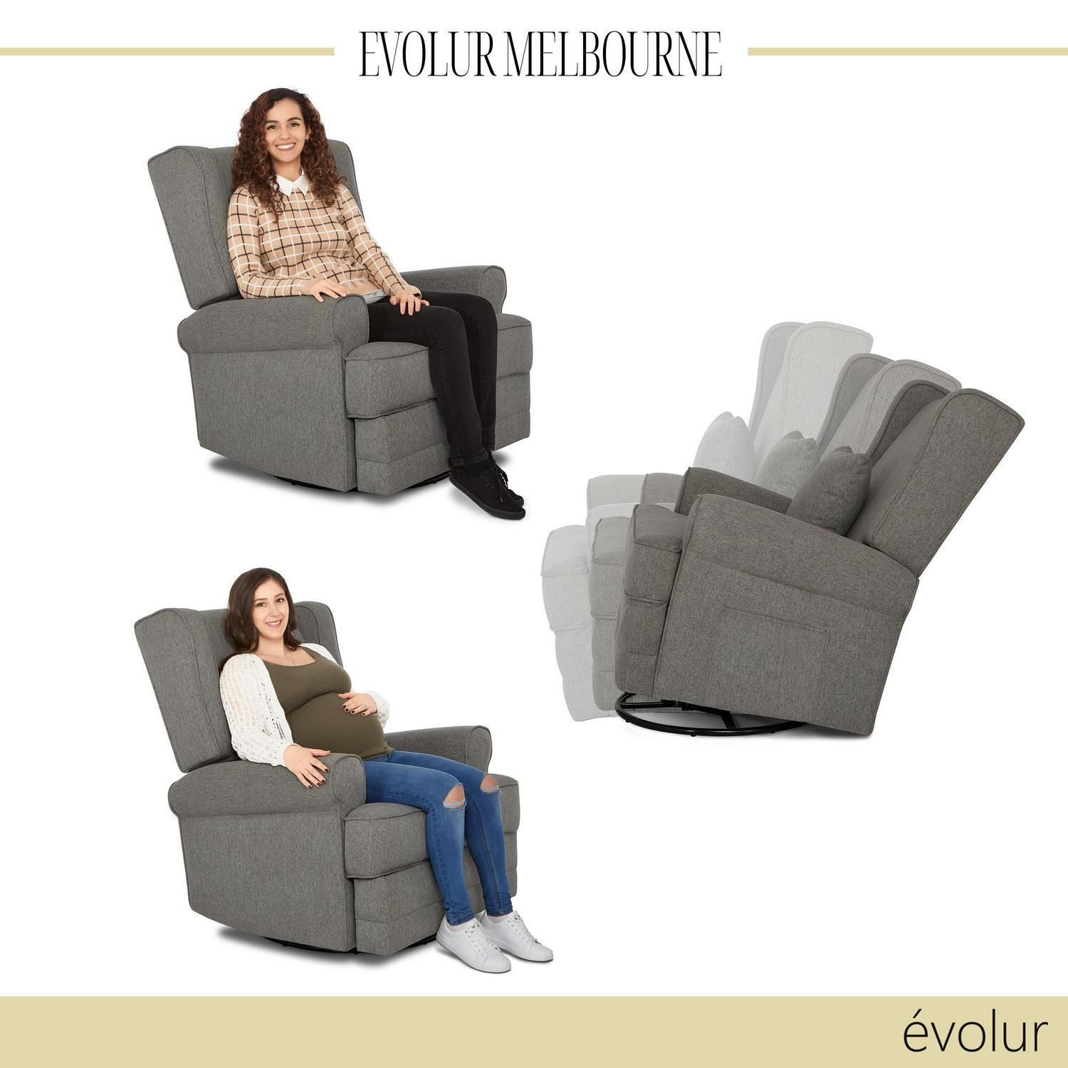 Evolur Melbourne Wing Back Swivel Glider I Nursery Glider I Durable Soft Fabric I Bonus Pillow In Iron