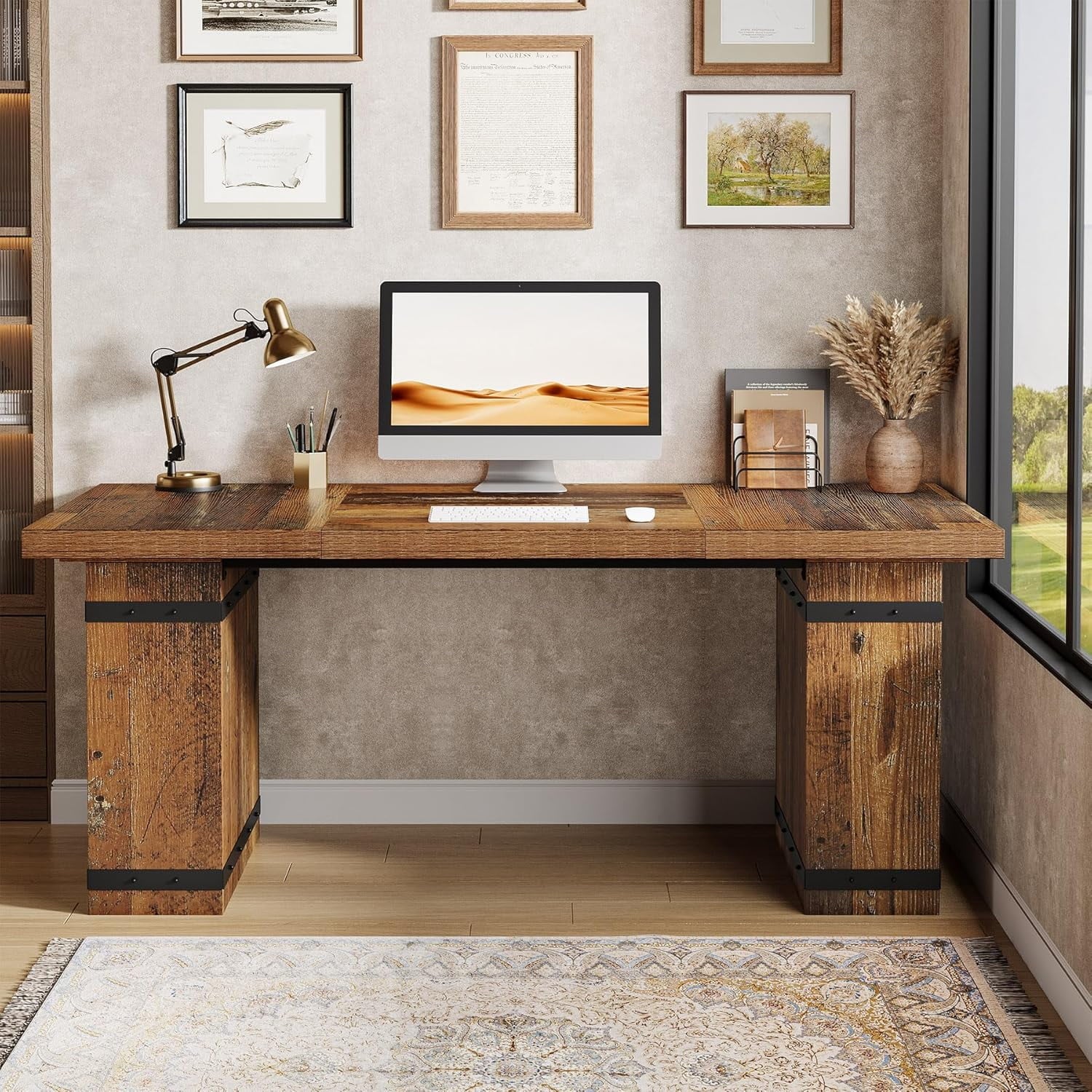 63-Inch Farmhouse Executive Desk, Large Business Workstation Table for Home Office, Mix-Brown