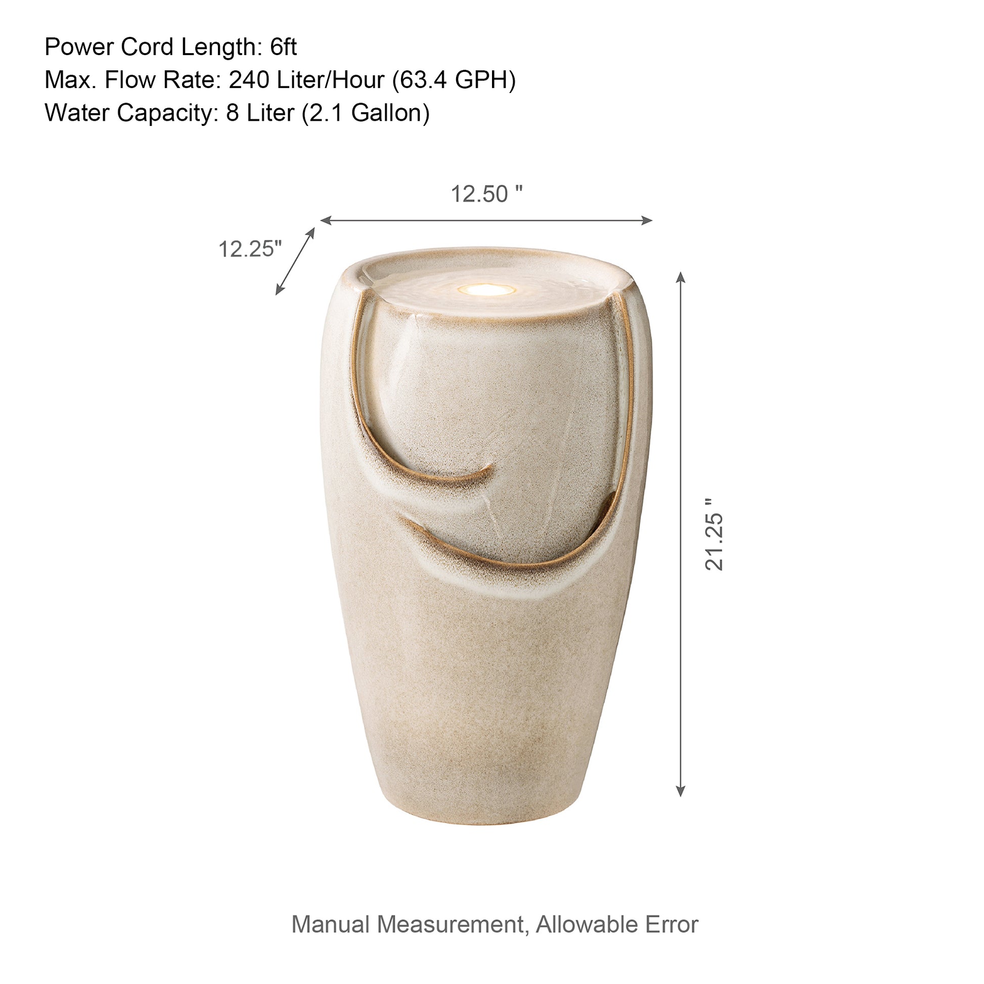 Glitzhome 21.25 Inch Tall Ceramic Vase Fountain Ceramic with Pump and LED Light Outdoor Fountain
