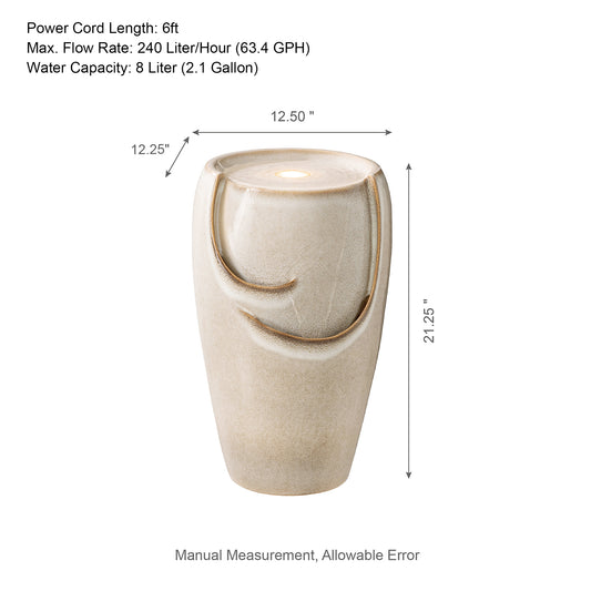 Glitzhome 21.25 Inch Tall Ceramic Vase Fountain Ceramic with Pump and LED Light Outdoor Fountain