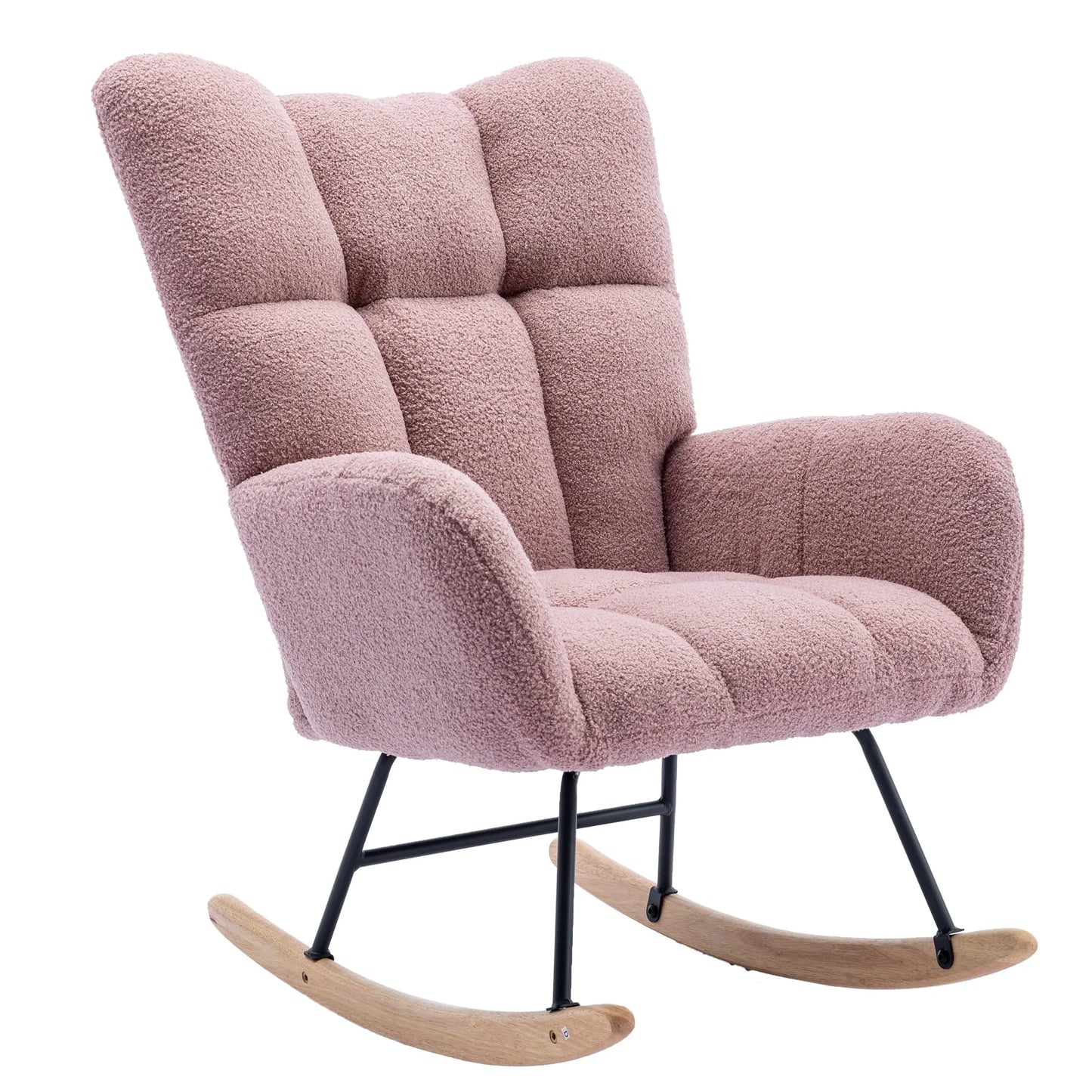 HONSIT Pink Nursery Rocking Chair, Teddy Fabric Upholstered Glider Rocker with High Backrest, Modern Rocking Accent Chairs Comfy Side Chair for Nursery, Bedroom, Living Room