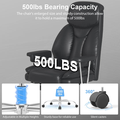 E-Motie Leather Home Office Chair, High Back Ergonomic Chair with Footrest, 500lb, Black