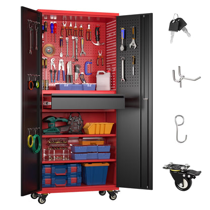 GAEANET 71" H Metal Storage Cabinet on Wheels with Pegboards & Drawer,Lockable Rolling Steel Tool Chest Cabinet for Garage,Warehouse,Home Office,Assembly Required,Black+Gray