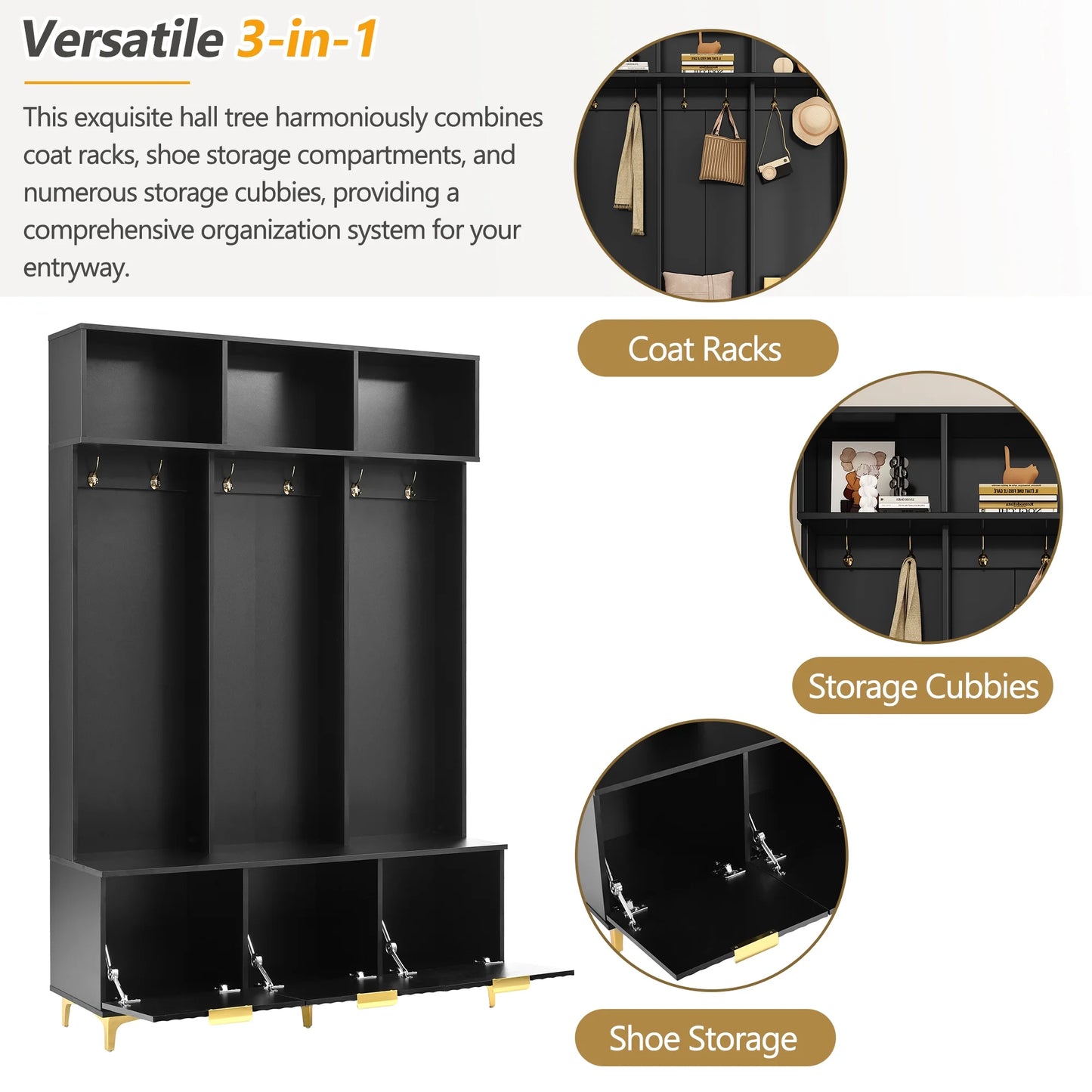 Euroco Modern Hall Tree with High Gloss Fluted Doors, Gold Accents, Shoe Storage & Bench - Entryway Organizer with Cubbies and Coat Hooks