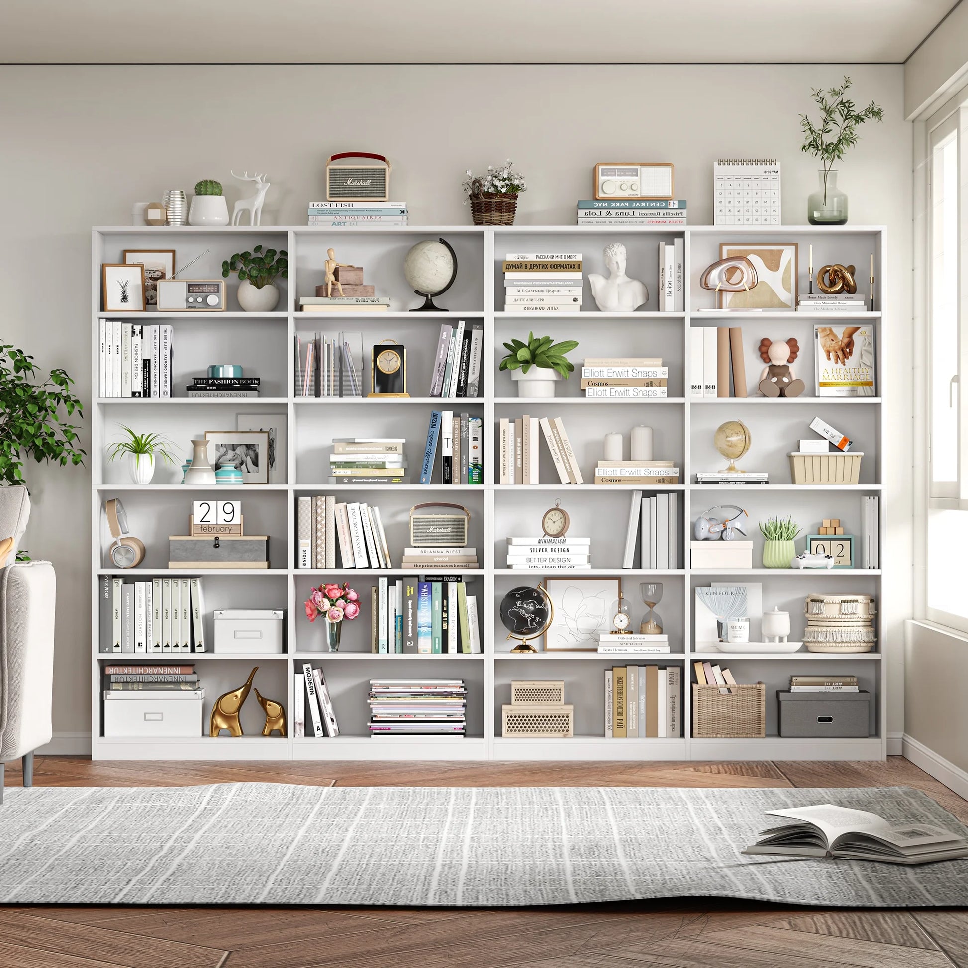Homfa 74.3° Double Wide 6-Tier Bookcase, Extra Large Wooden Freestanding Display Bookshelf for Home Office Living Room, White