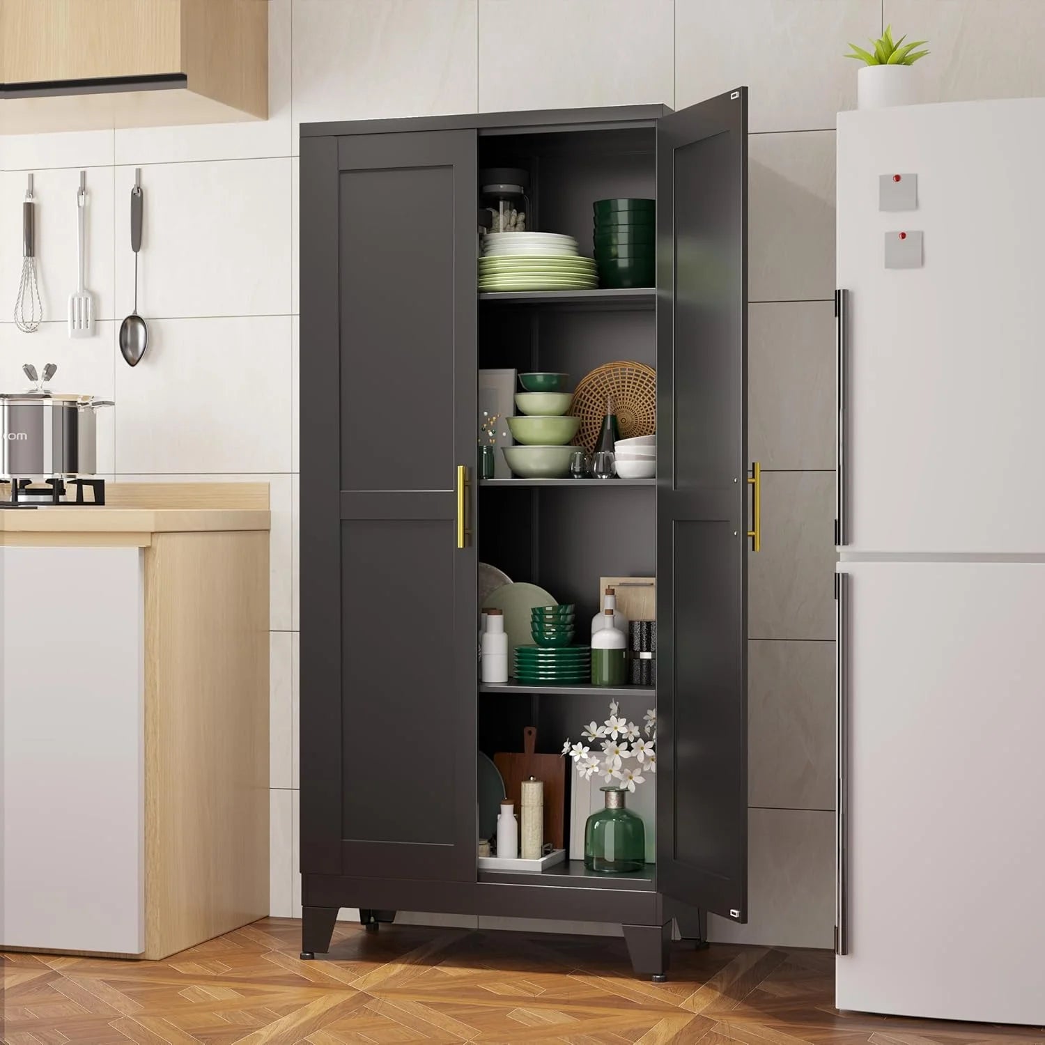 DYUKFG Metal Storage Cabinet - 61" Tall Steel File Cabinets with 2 Doors and 3 Adjustable Shelves Versatile Storage Pantry Cabinet for Home Office Warehouse Garage or Outdoor (Black)