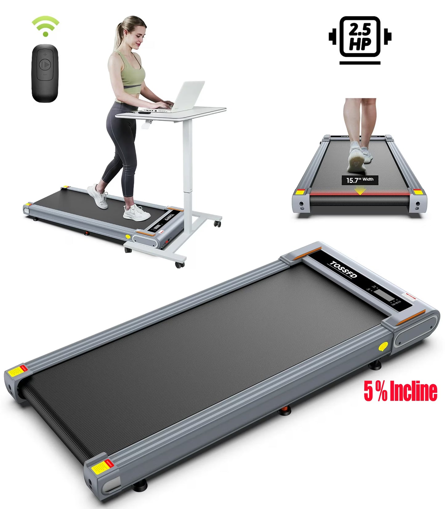 TOSSFD Treadmill Walking Pad with 6% Incline,2.5HP Under Desk Treadmill, Jogging Running Machine for Home Office X301