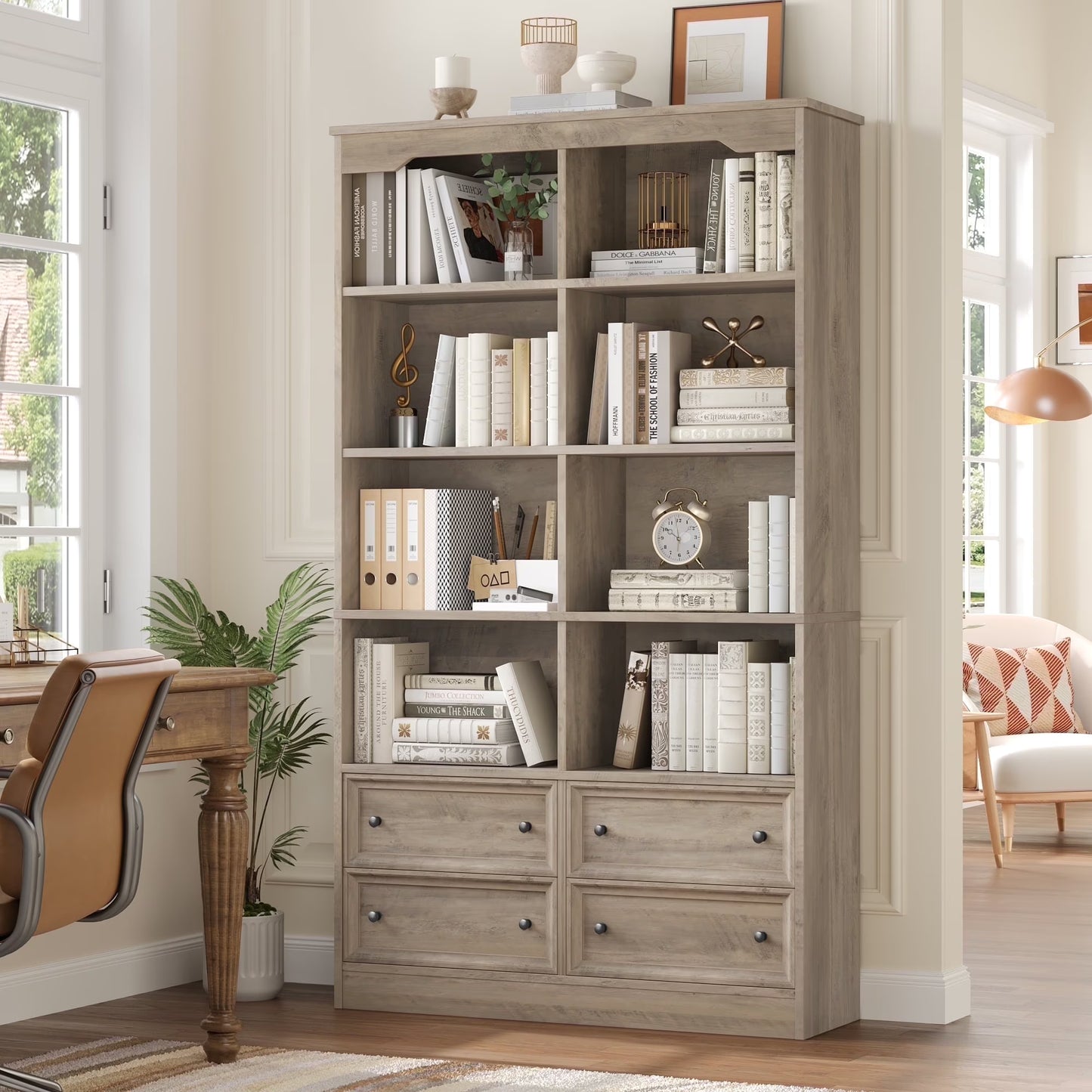 Homfa Double Row 6 Tier Bookcases, 71 in Tall Bookcase Bookshelf with 4 Drawers and 8 Display Cubicles, for Home Office Living Room, White
