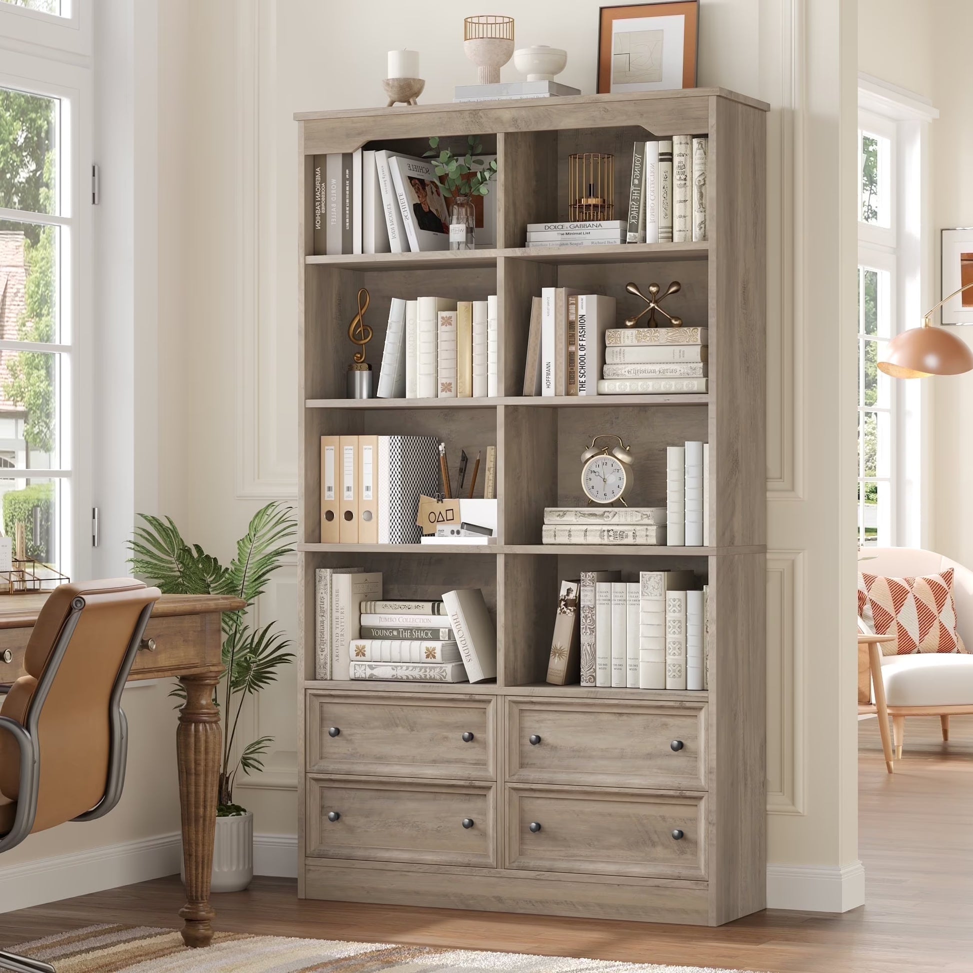 Homfa Double Row 6 Tier Bookcases, 71 in Tall Bookcase Bookshelf with 4 Drawers and 8 Display Cubicles, for Home Office Living Room, White