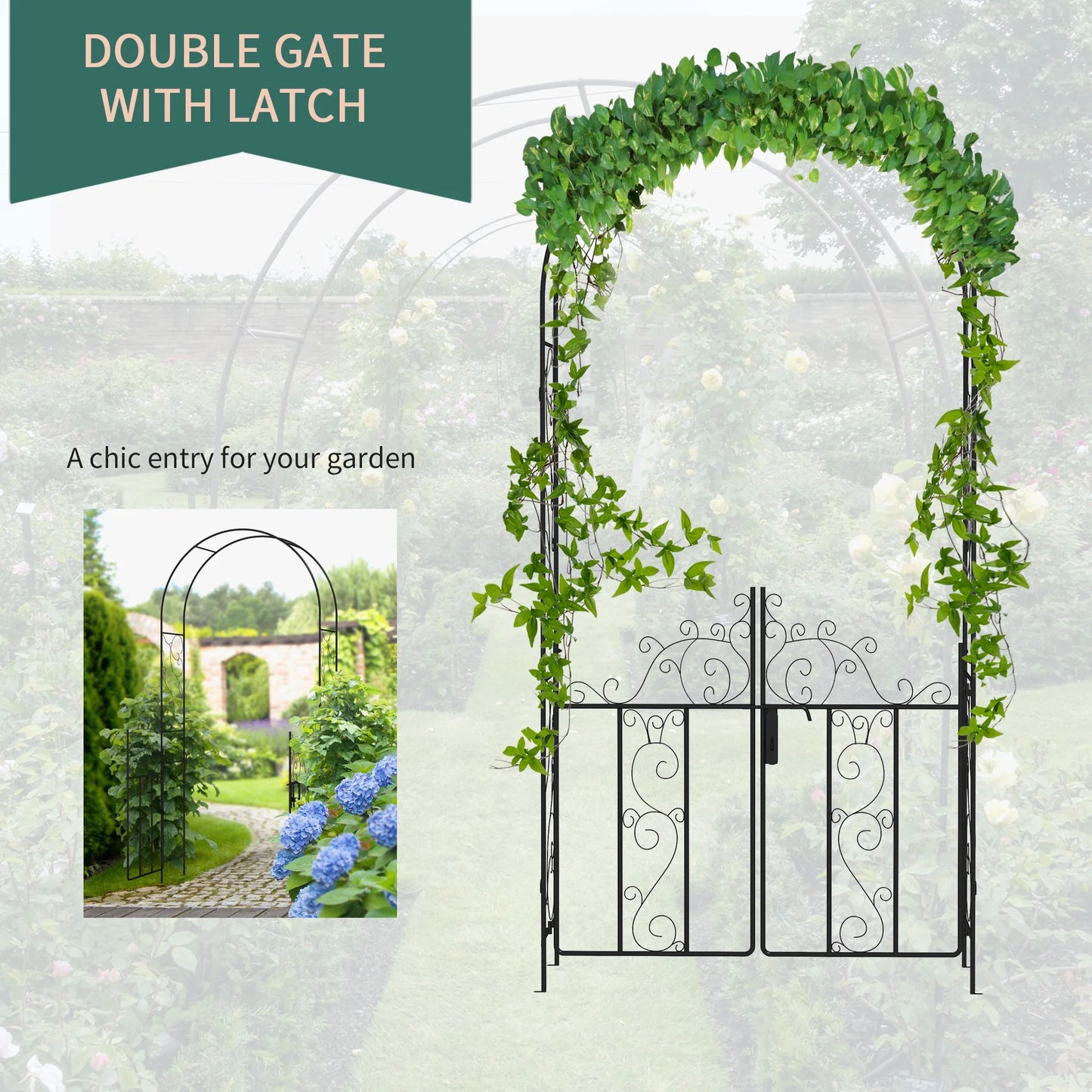 Outsunny 89.25" Metal Garden Arch with Gate, Garden Arbor Trellis for Climbing Plants, Roses, Vines, Wedding Arch, Black