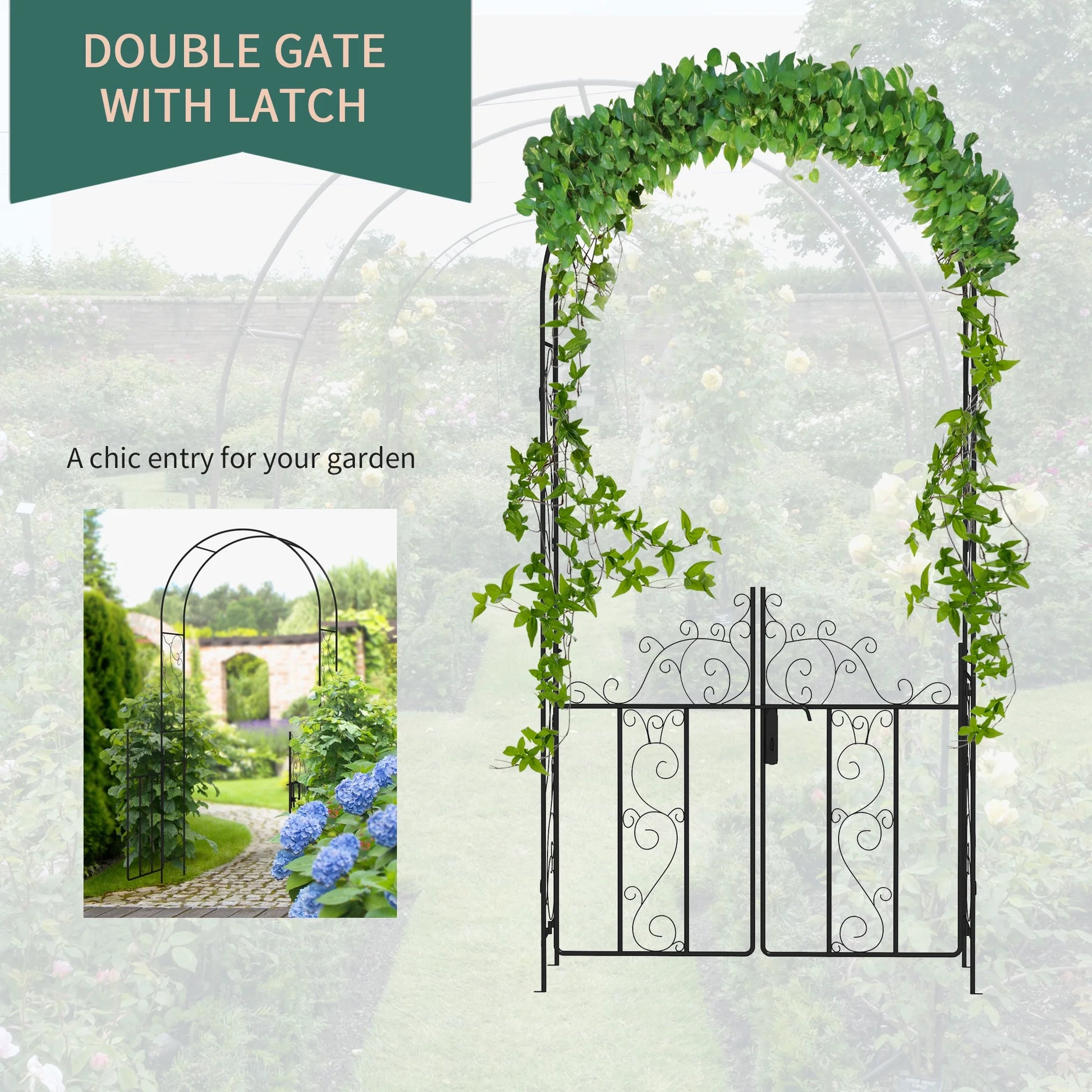 Outsunny 89.25" Metal Garden Arch with Gate, Garden Arbor Trellis for Climbing Plants, Roses, Vines, Wedding Arch, Black