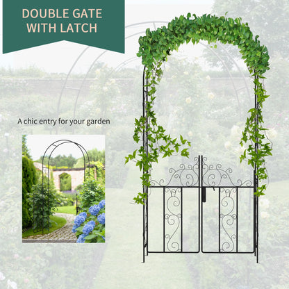 Outsunny 89.25" Metal Garden Arch with Gate, Garden Arbor Trellis for Climbing Plants, Roses, Vines, Wedding Arch, Black