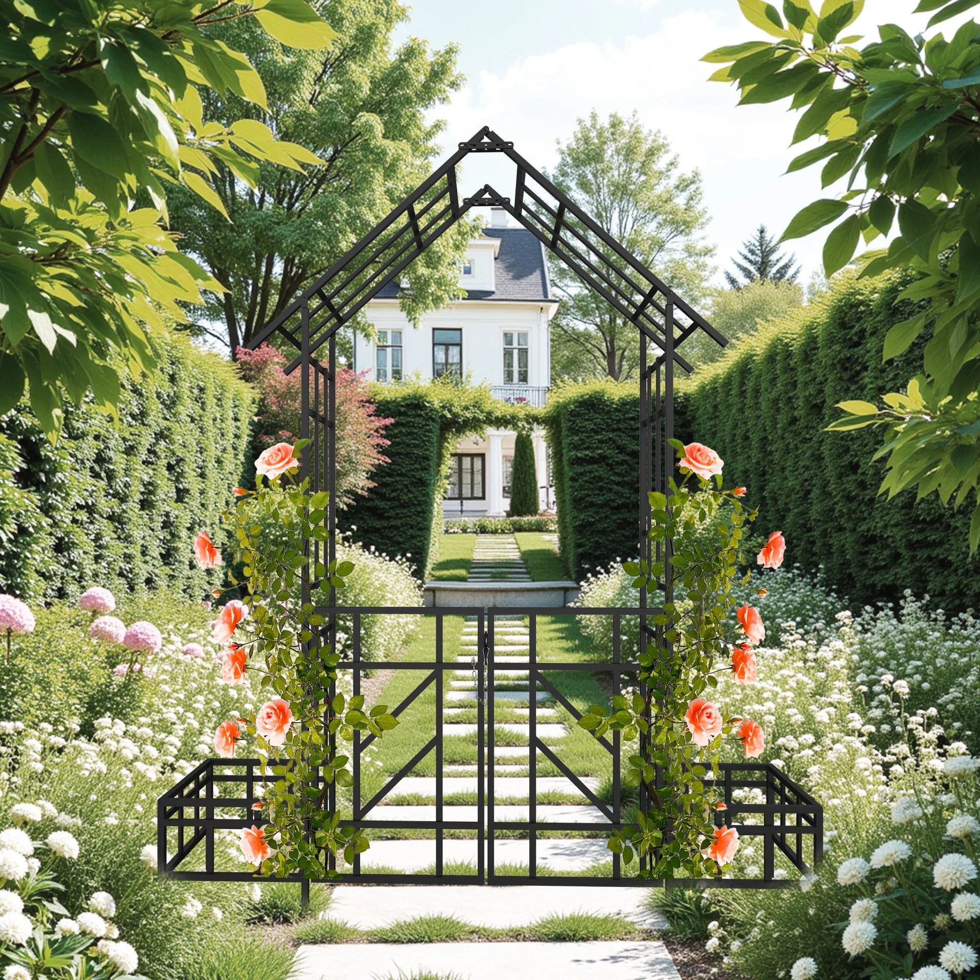 Yoneston 97.24" H Metal Garden Arbor with Gate and Planter, Garden Arch for Climbing Plants Support Rose Arch for Outdoor, Black