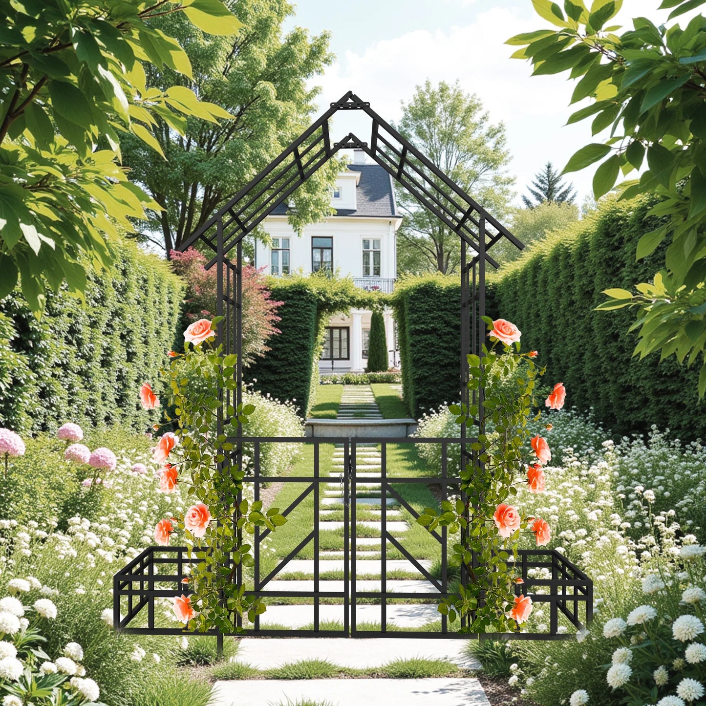 Garden Arch Metal Garden Arch with Gate with planter W80.71*H97.24 Climbing Plants Support Rose Arch Outdoor Black,Garden Trellis