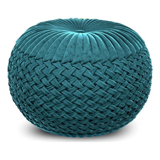 Pemberly Row Round Pouf in Teal Green Velvet Fabric with Woven Details