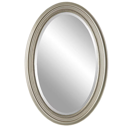 29 Inch Wood Wall Mirror, Beaded Oval Shape, Metallic Silver, Saltoro Sherpi