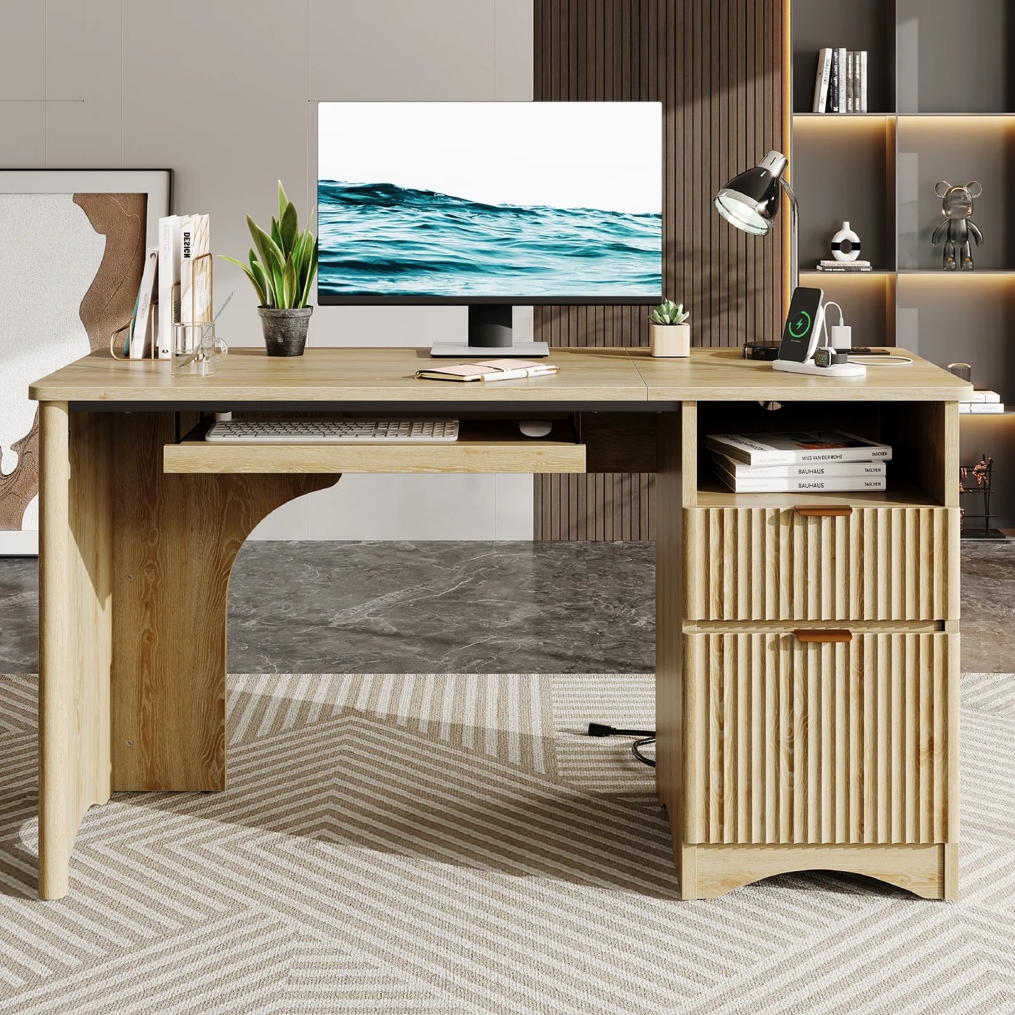 Bestier 55" Computer Writing PC Desk Home Office with Power Outlets Keyboard Tray and Storage Drawers, Log