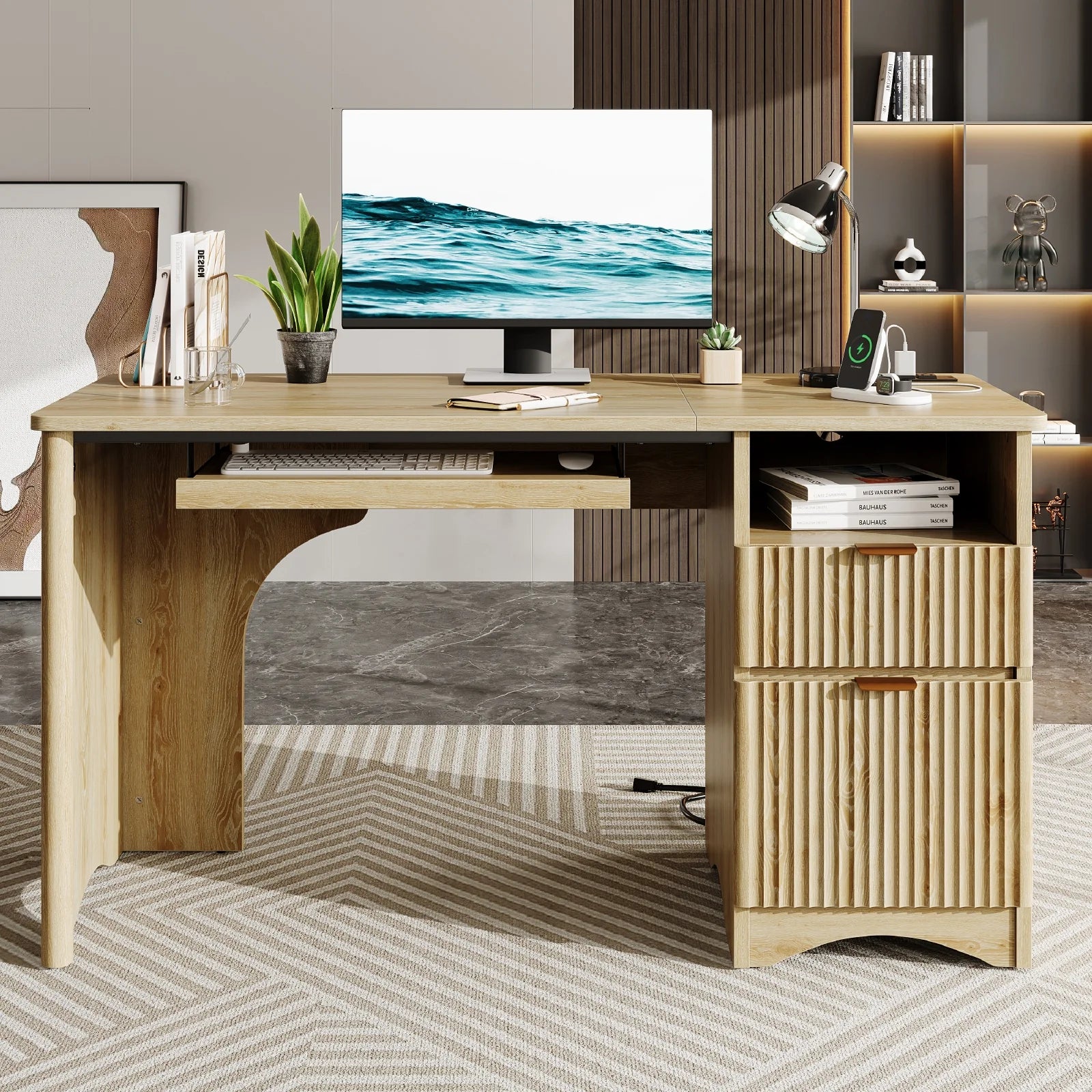Bestier 55" Computer Writing PC Desk Home Office with Power Outlets Keyboard Tray and Storage Drawers, Log