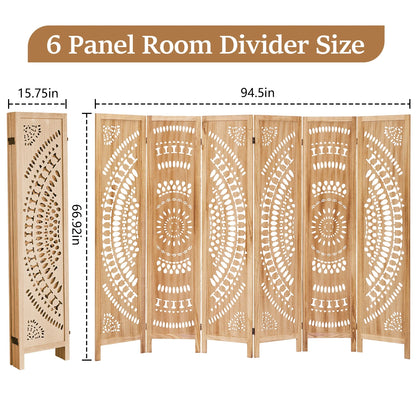 Aletheiawu 6 Panel Wood Carved Room Dividers, Folding Screens, No Installation Required, Light Brown