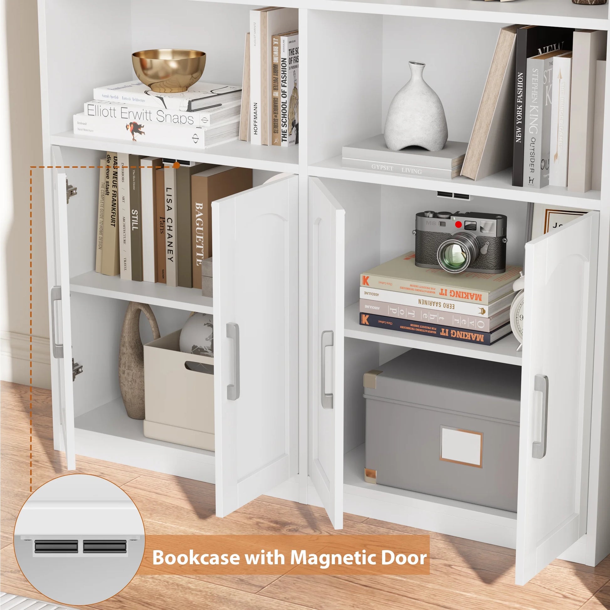 Homfa 73° Tall Bookcases with Doors, 8 Cubes 6-Tier Double Row Bookshelf, White Bookcase for Living Room Home Office