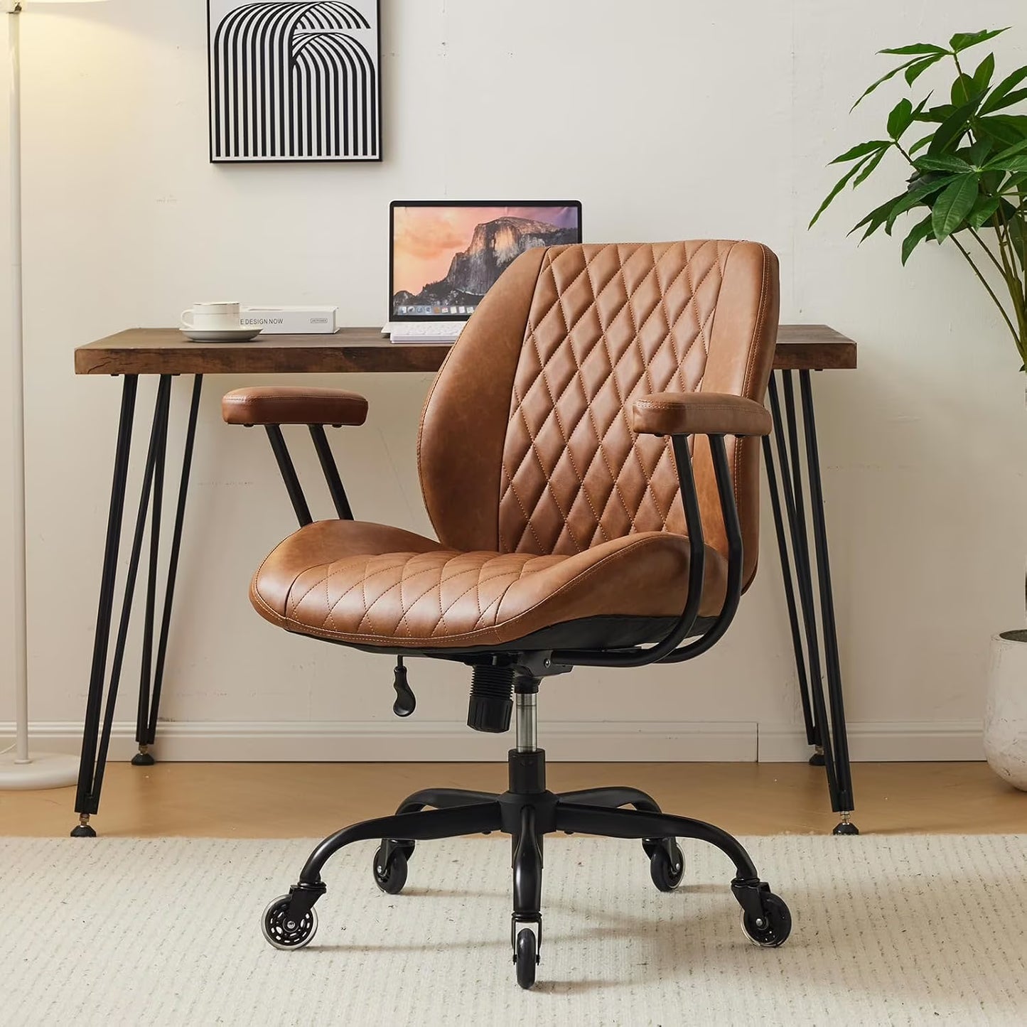 QW Home Office Desk Chair Office Rubber Casters Ergonomic Computer Chair with Lumbar Support Adjustable Height Rolling Swivel Executive Task Armrests Chair Brown Leather