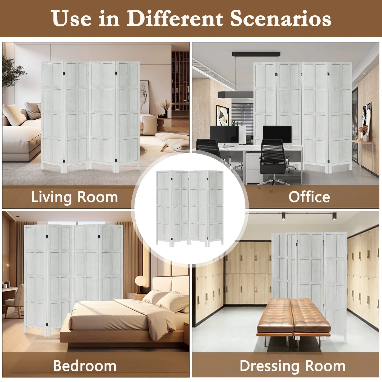 Aletheiawu 4 Panel Room Divider Wall and Folding Privacy ScreensNo Installation RequiredWhite