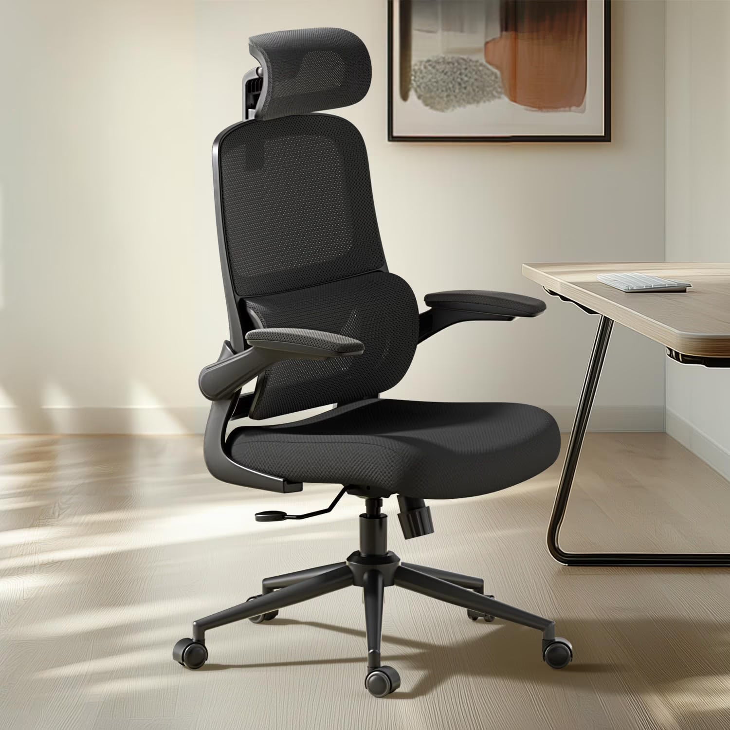 Hbada P1 Office Chair, Desk Chair with Adjustable Lumbar Support, Home Office Desk Chair with 2D Headrest, FILP-up Armrest, Swivel Computer Chair, Black