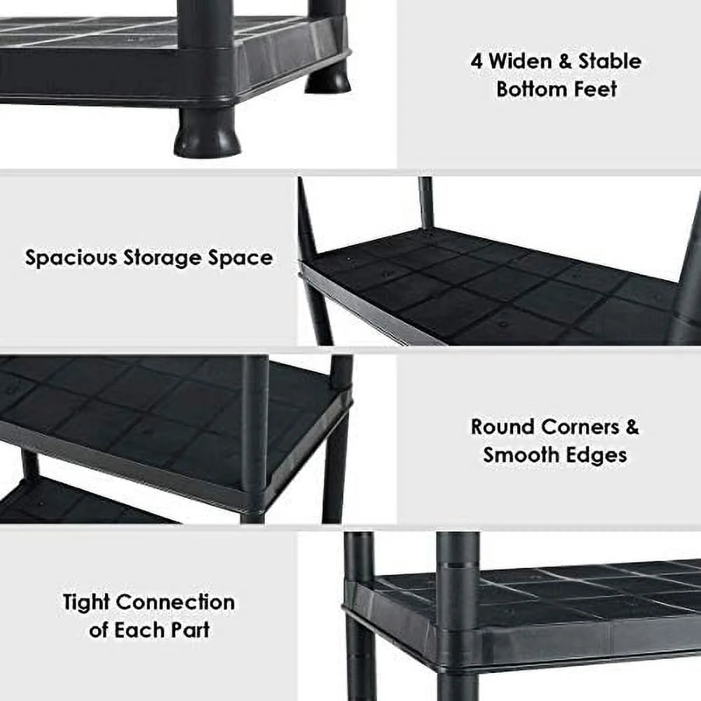 5 Tier Plastic Storage Shelves, Easy to Assemble Garage Rack, Multi-Use Free Standing Shelf Unit, Heavy Duty Shelving for Home Office, Black(2, 36° L X 18° W X 73° H)
