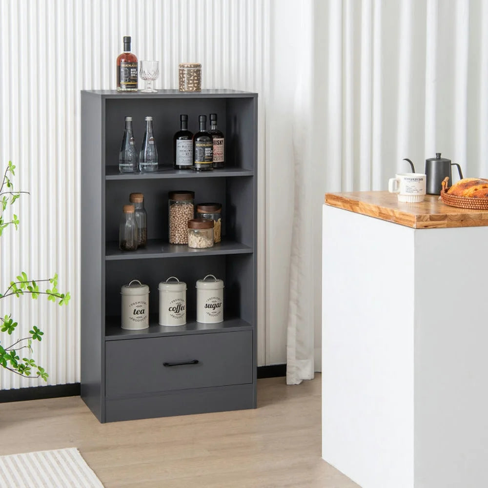 Spaco 48 Inch Tall 4 Tiers Wood Bookcase with Drawer-Gray, Tall Bookshelf, Shelves for Living Room, Home Office, Bedroom, Balcony